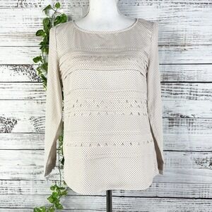 Banana Republic Blouse Top XS Pale Pink Black Polka Dots Pleating Lagenlook Slim